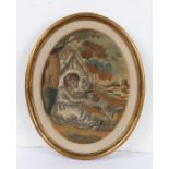 Early 19th Century silk work picture, of a boy and a dog, 17cm x 21.5cm. Provenance Witney Antiques