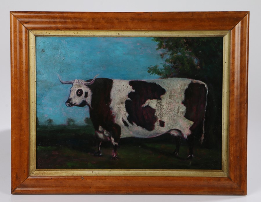 Early 20th Century primitive picture of a cow, the naïve painting with a large cow standing in a
