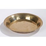 18th Century Bristol Battery brass dish, the arched rim above the circular base, 30cm diameter