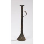 Early 19th Century Mill tin candlestick, the long stem with an internal pusher, a loop handle to the