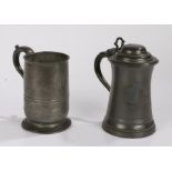 19th Century pewter lidded tankard with a cut red glass base, eagle crest to the front, 21cm high,