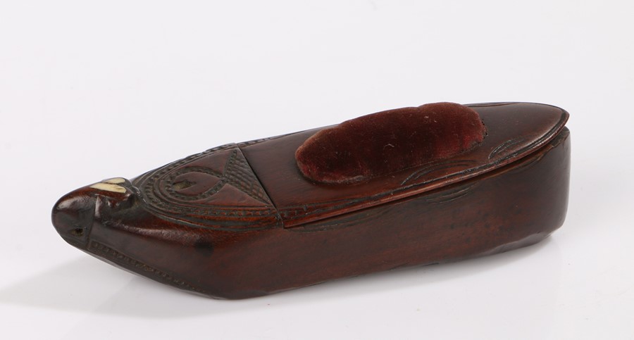 Late 18th/ early 19th Century novelty shoe form pin cushion and needle case, the toe with heart form