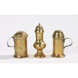Collection of 18th Century brass, to include a castor with handle a pepperette and a sifter, the