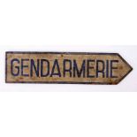 Early 20th Century French Gendarmerie directional sign, the painted sign with an angled end for