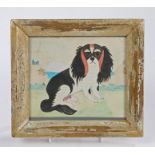 Victorian Folk Art picture of a dog, the King Charles Spaniel seated on grass with cliffs and the