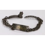 George III steel dog collar, with a plaque between chains and an adjustable lock, 39cm long
