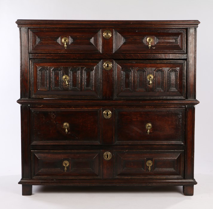 Charles II oak geometric chest of drawers, circa 1680, the rectangular top above four long