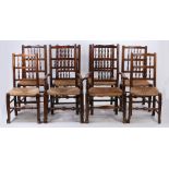 Matching set of eight oak and ash Lancashire dining chairs, each with shaped rails and rows of