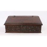17th Century oak desk box, the sloping rectangular hinged top opening to reveal storage space