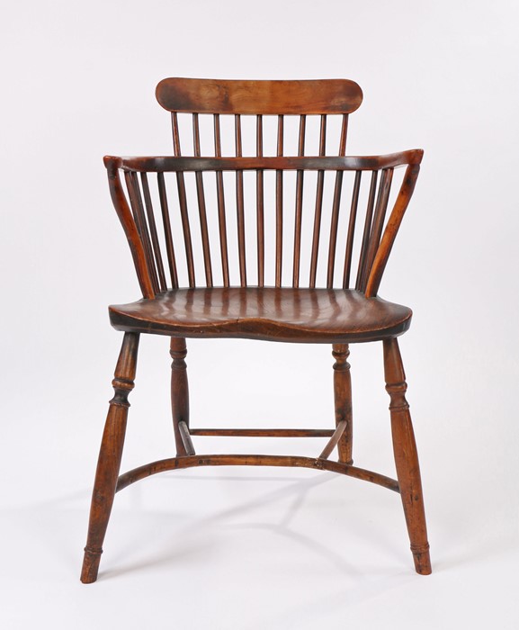 Late 18th Century fruitwood and elm Windsor chair, with an arched top rail above spindles and a