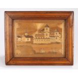 Early 19th Century Prisoner of War straw work picture, with buildings behind a river, 20cm x 16cm