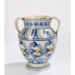18th Century Delft twin handled vase, the vase with geometric design and loped handles above the