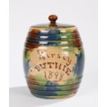 Late 19th Century Scottish pottery barrel and lid, the finial topped lid above the text Kirsty