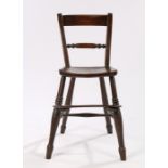 19th Century oak child's high chair, the curved cresting rail above a turned splat back, solid