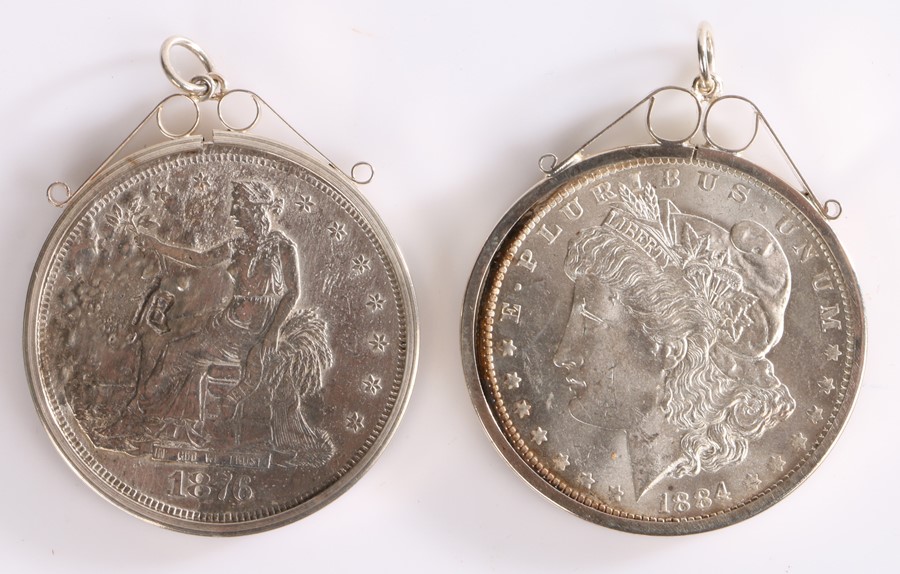 Two USA Silver 1 Dollars, 1876 and 1884, both mounted, (2)