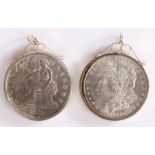Two USA Silver 1 Dollars, 1876 and 1884, both mounted, (2)
