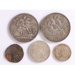 Coins, to include a Victoria 1897 Crown and a 1892 Crown, together with a Two Shilling 1901, One