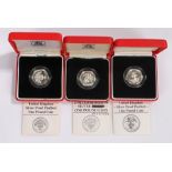 Three silver proof One Pound coins, Royal Mint issue, (3)