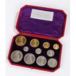 Great Britain, 1887 eleven coin specimen coin set, Queen Victoria jubilee, gold £5, £2, Sovereign