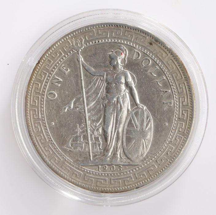 British/Hong Kong Trade Dollar, 1903, Standing figure of Britannia holding trident and shield with