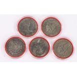 USA One Dollar coins, to include a drilled 1921, 1971, 1973, 1976 and 1978, (5)