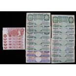 Bank of England banknotes, to include Green £1 x 12, Blue £1 x 2 and 10 Shilling notes x 5, (19)