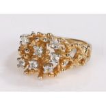 Gold plated ring, set with clear stones to the branch effect shank, ring size S
