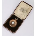 J.W. Benson 9 carat gold half hunter pocket watch, the case with blue enamel Roman numerals, the