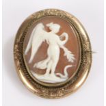 Victorian cameo brooch, with a winged female figure above a snake set within a gilt metal frame,