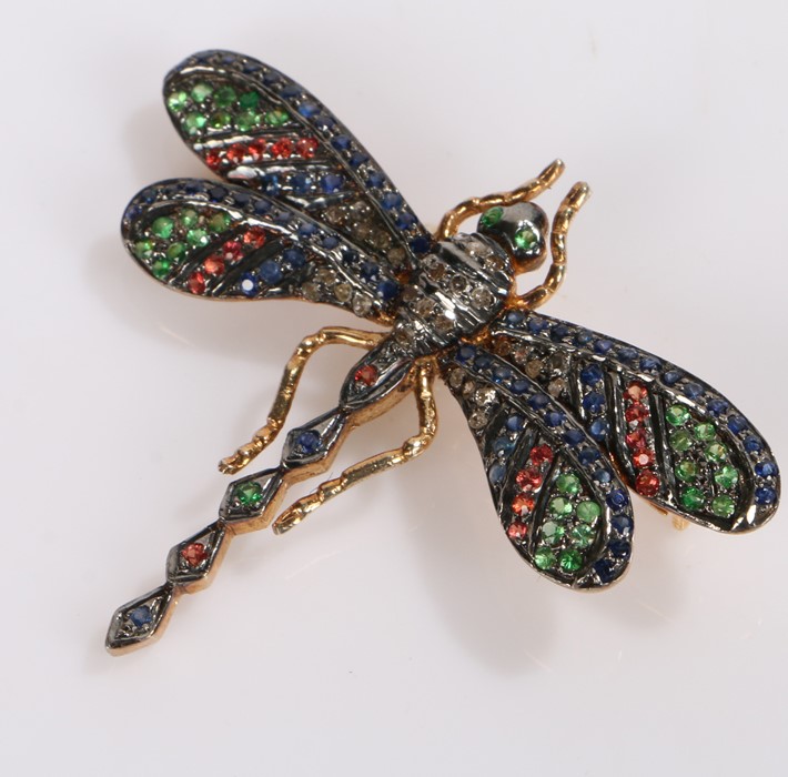 14 carat gold dragonfly brooch, set with emeralds, sapphires and rubies, 48mm diameter