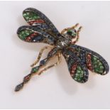 14 carat gold dragonfly brooch, set with emeralds, sapphires and rubies, 48mm diameter