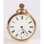 18 carat gold open face pocket watch, the white enamel dial with Roman numerals and subsidiary