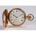 Gold plated half hunter pocket watch, the case with blue enamelled Roman numerals, the white