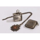 Silver sovereign holder with faint patent stamp, marks rubbed, silver vesta case, silver pocket