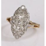18 carat gold diamond set ring, the navette head set with diamonds at an estimated 0.50 carat,