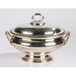 Silver plated soup tureen and cover, the domed lid with reeded handle , the tureen with beaded