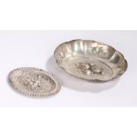 Silver gadrooned oval dish, with embossed fruit and beaded decoration, 21cm x 16.5cm, 5.5oz, small