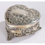 Edward VII silver jewellery box, Birmingham 1904, maker William Aitken, of heart form with