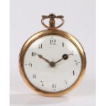 18th century gold coloured metal open face pocket watch, the white enamel dial with Arabic numerals,