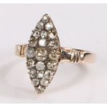 18 carat gold diamond set ring, the navette head set with twenty one diamonds, ring size R1/2