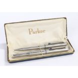 Parker pen and pencil set, stainless steel in a 1953 Coronation blue box