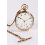 9 carat gold open face pocket watch, the white enamel dial with Arabic numerals and subsidiary