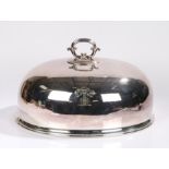 Silver plated meat dome, the reeded scroll handle above a plain dome with heraldic crest, 26cm high,