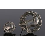 Two Georg Jensen brooches, each with a bird design to the central and an arched leaf surround,