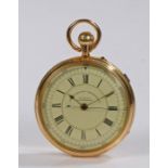 18 carat gold centre seconds chronograph open face pocket watch, by Burman of Manchester, the signed