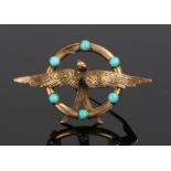 15 carat gold brooch, with central dove surrounded by a turquoise set circle, 4cm wide, 4.6g
