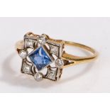 Art Deco diamond and sapphire set ring, the square head with a central sapphire and diamond