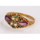 Victorian 15 carat gold ring, set with emeralds, amethyst and pearls to the head, assayed for