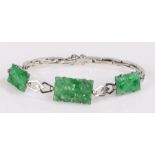 9 carat white gold and Chinese jade set bracelet, with three carved spinach jade panels, 16.5cm long
