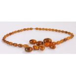 Amber bead necklace, the graduated reconstituted amber in butterscotch and orange with a clasp